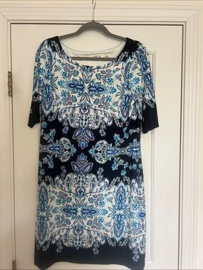 Eliza J Blue & White Floral Scoop Neck Dress